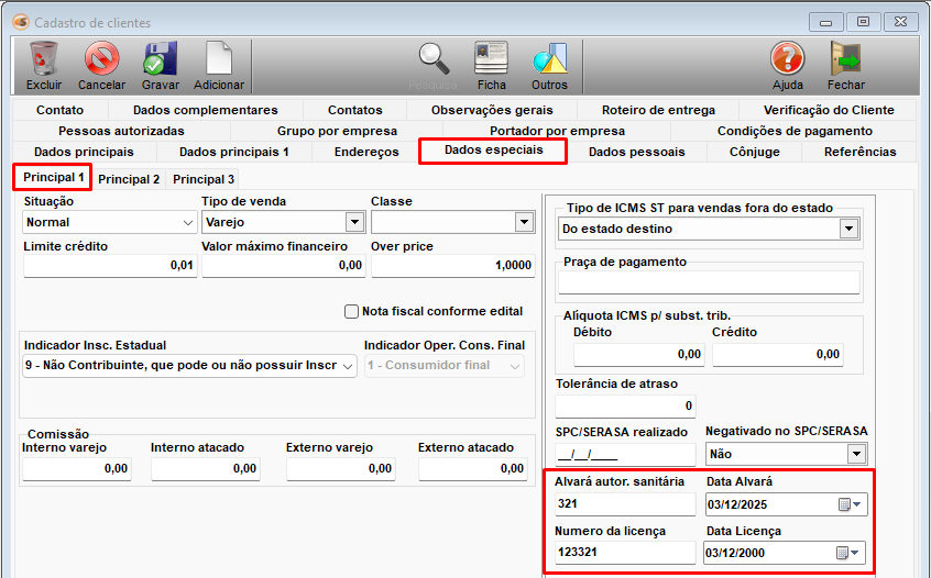 Imagem da aba Dados especiais no Cadastro de Clientes