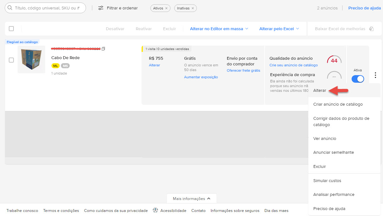 Alterando o anúncio no Mercado Livre