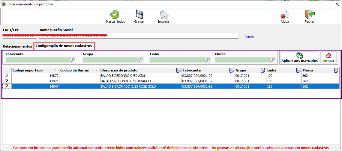 Configuração de novos cadastros