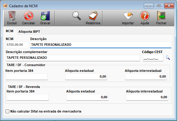 Tela de cadastro de NCM