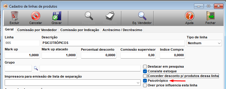 Imagem da tela de cadastro de linha com o flag Psicotrópico marcado