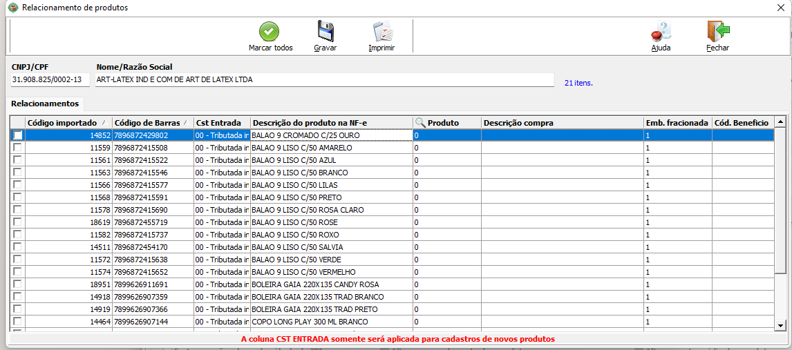 Tela Relacionamento de Produtos