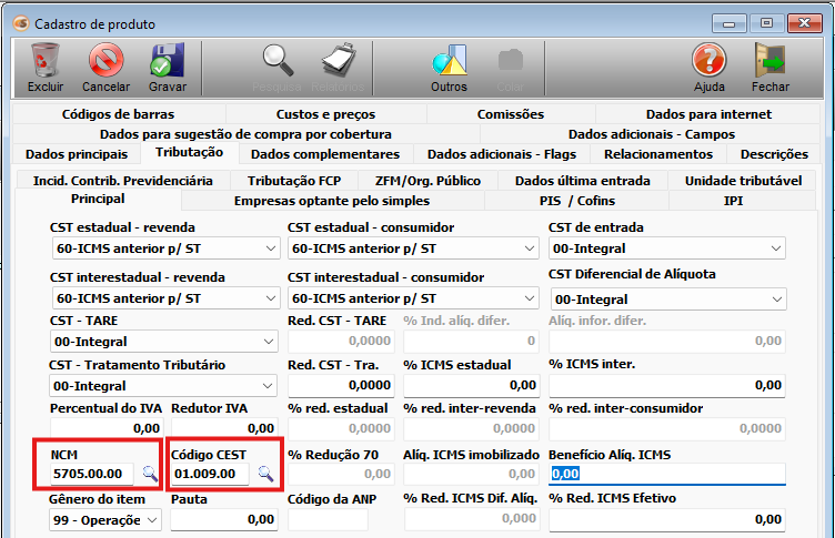 Guia Tributação no cadastro de produtos